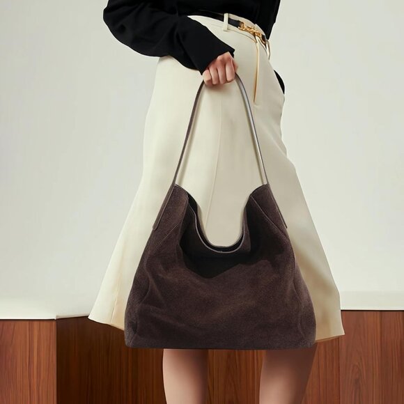 Genuine Suede Leather Coffee Tote Bag for Women, Large Capacity Stylish Hobo - Picture 2 of 6